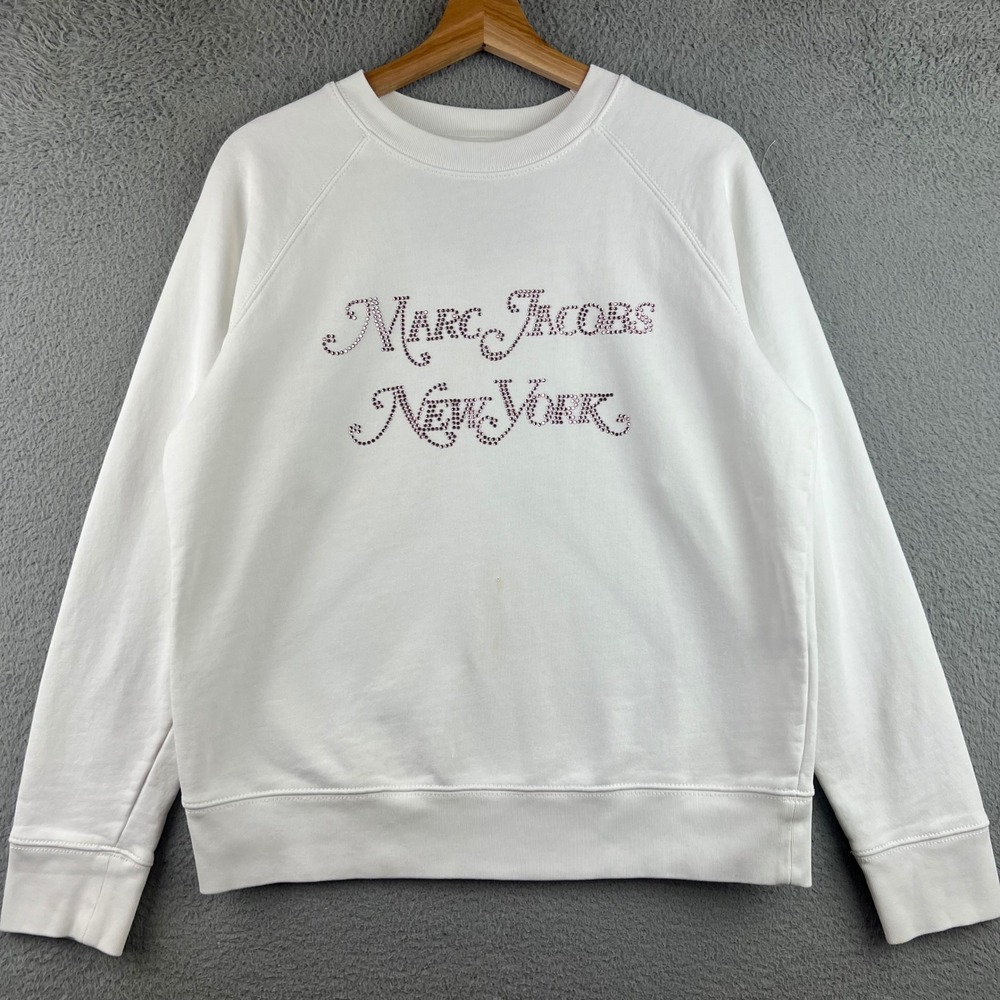 Marc Jacobs New York Rhinestone Logo Sweatshirt White Mens Small Raglan Pullover